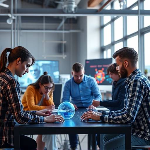 Een team van creatieve professionals die samenwerken aan een project, met een focus op innovatie en technologie.