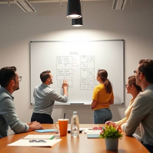Foto van een teamvergadering bij SpectraVision Studios, met mensen die creatief meedenken rondom een whiteboard met idee&euml;n