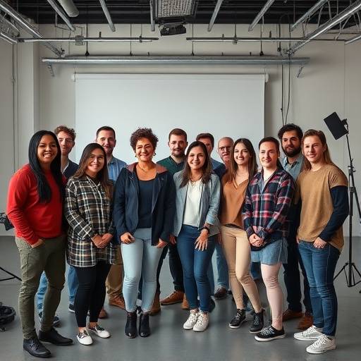 Groepsfoto van het creatieve team van SpectraVision Studios in een studio-omgeving