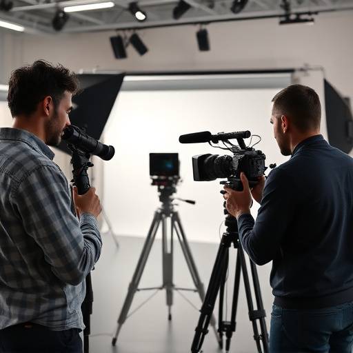 Team dat werkt aan een bedrijfsfilm in een studio